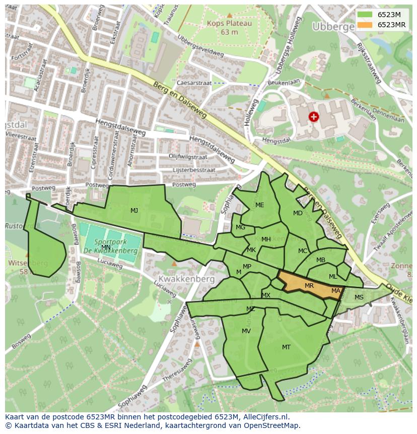 Afbeelding van het postcodegebied 6523 MR op de kaart.