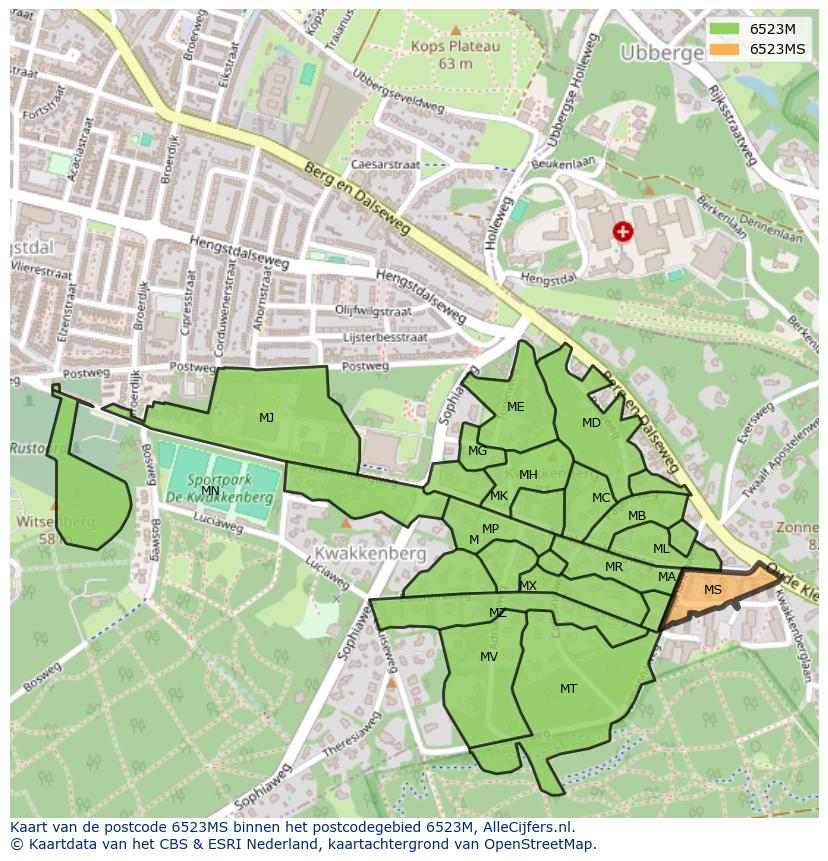 Afbeelding van het postcodegebied 6523 MS op de kaart.
