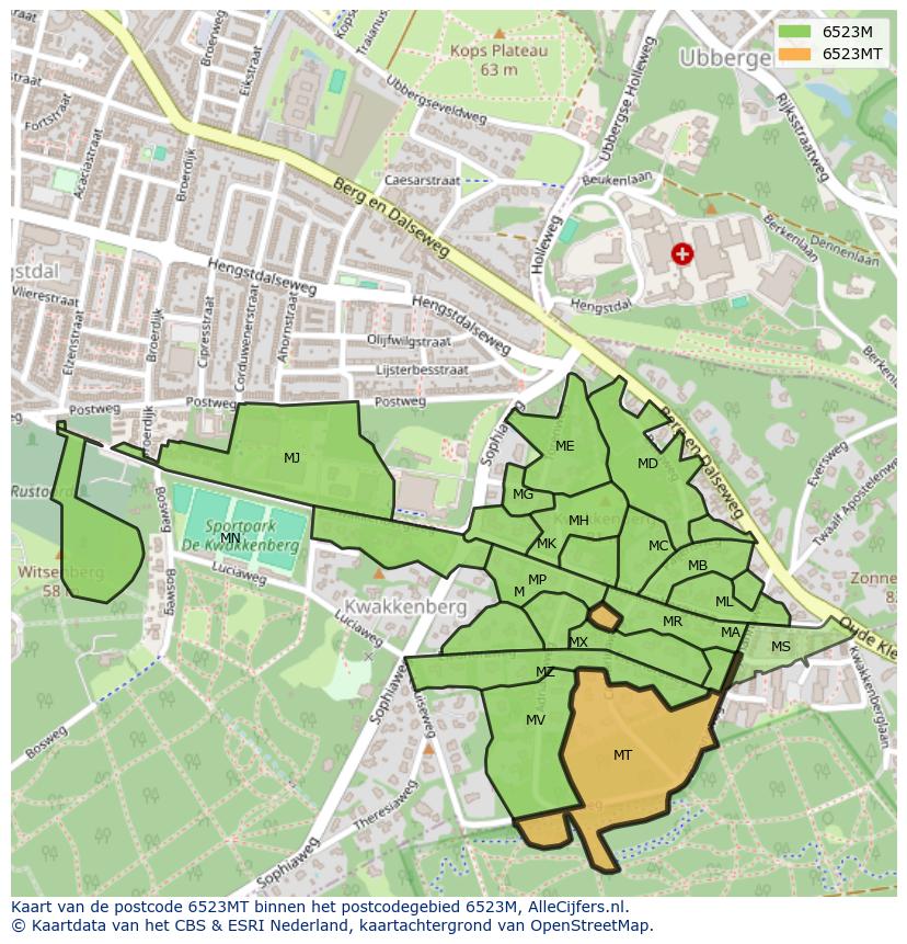 Afbeelding van het postcodegebied 6523 MT op de kaart.