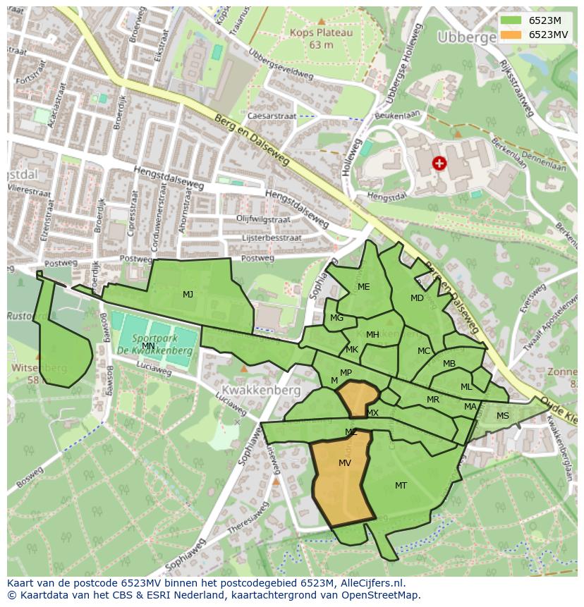 Afbeelding van het postcodegebied 6523 MV op de kaart.