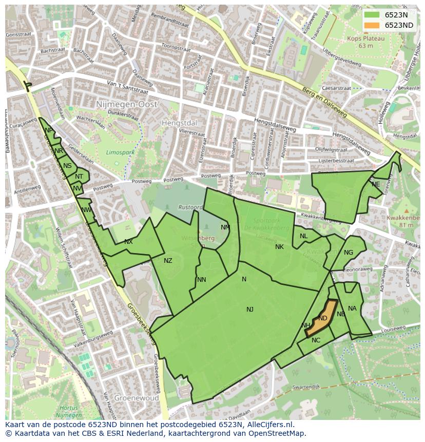 Afbeelding van het postcodegebied 6523 ND op de kaart.