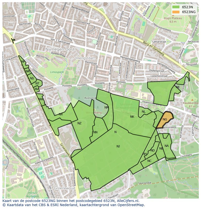 Afbeelding van het postcodegebied 6523 NG op de kaart.