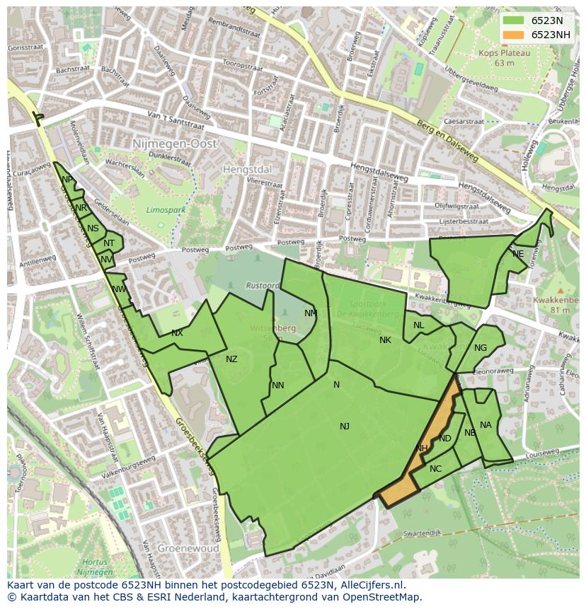 Afbeelding van het postcodegebied 6523 NH op de kaart.