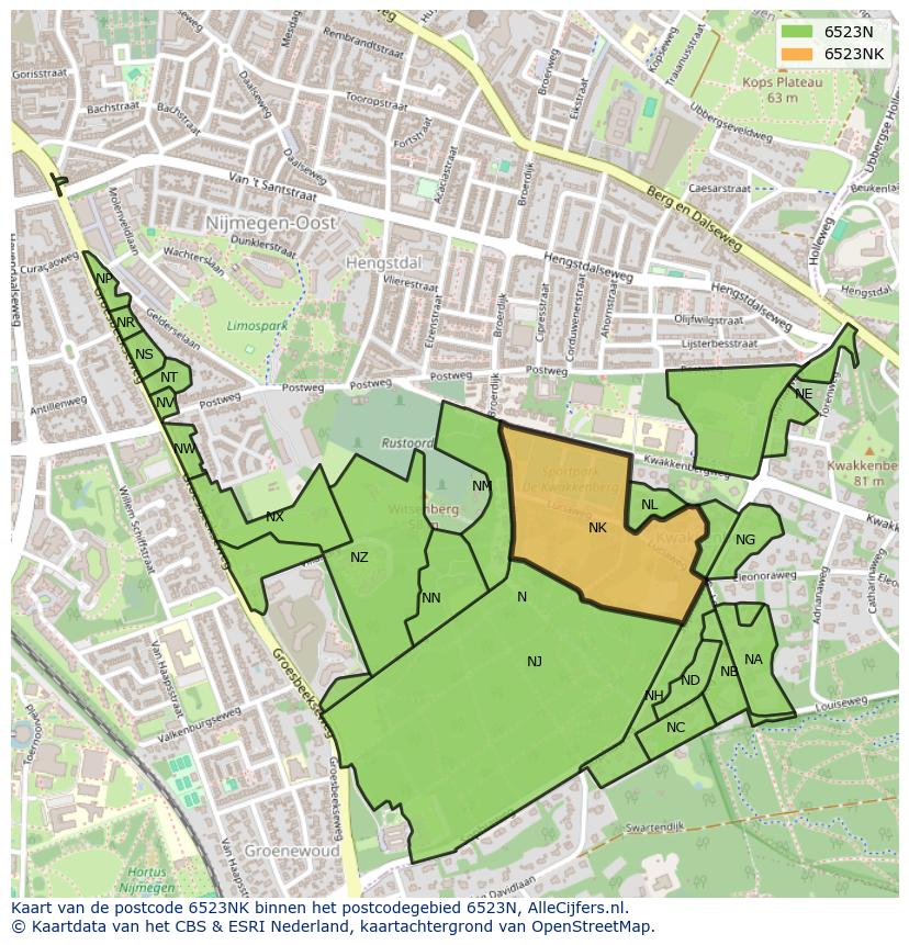 Afbeelding van het postcodegebied 6523 NK op de kaart.