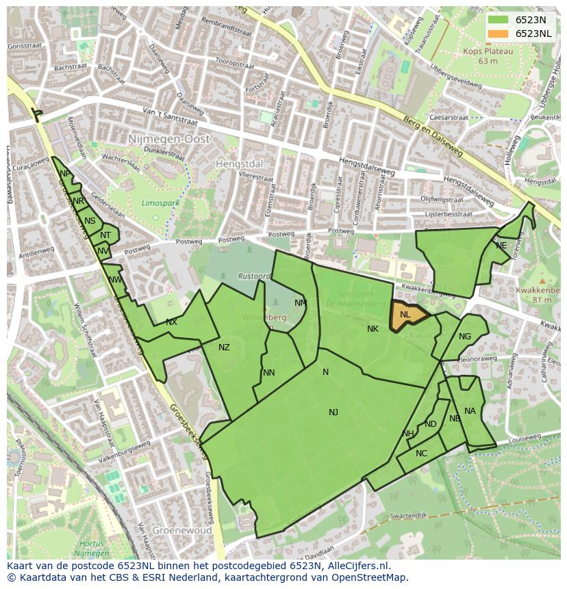Afbeelding van het postcodegebied 6523 NL op de kaart.