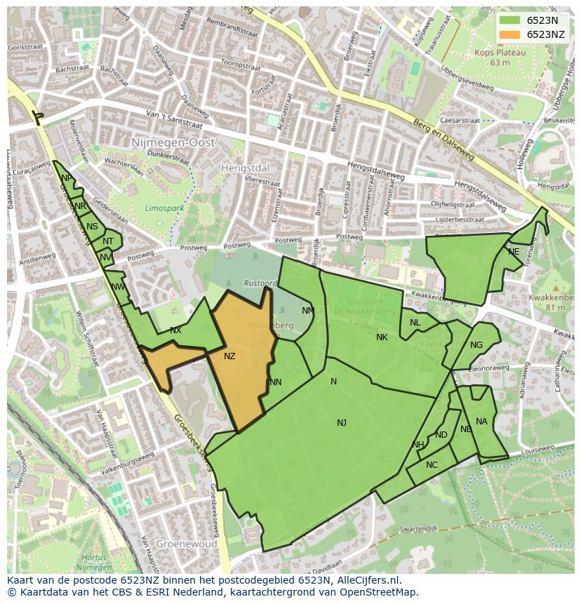 Afbeelding van het postcodegebied 6523 NZ op de kaart.