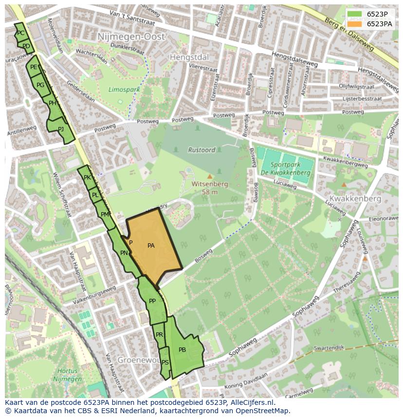 Afbeelding van het postcodegebied 6523 PA op de kaart.