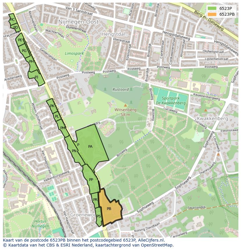 Afbeelding van het postcodegebied 6523 PB op de kaart.