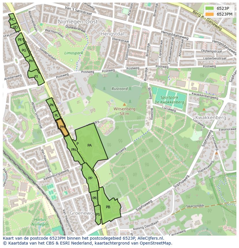Afbeelding van het postcodegebied 6523 PM op de kaart.