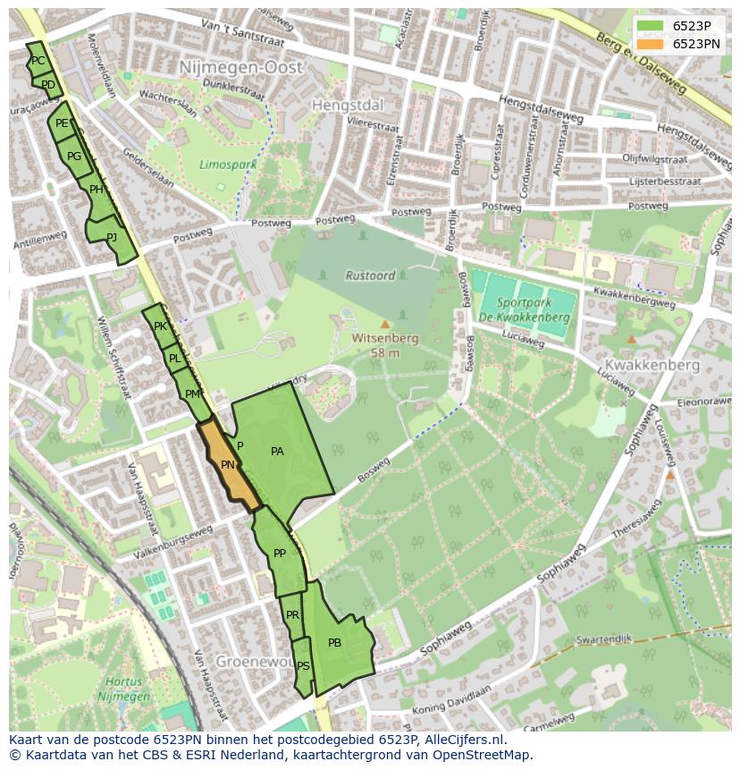 Afbeelding van het postcodegebied 6523 PN op de kaart.