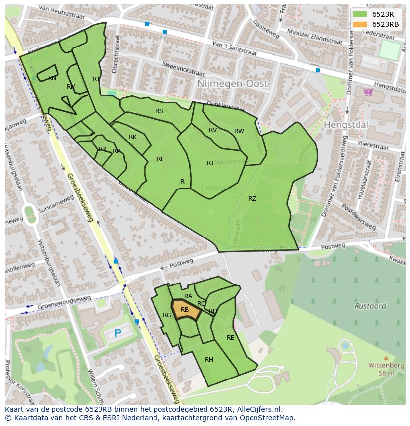 Afbeelding van het postcodegebied 6523 RB op de kaart.