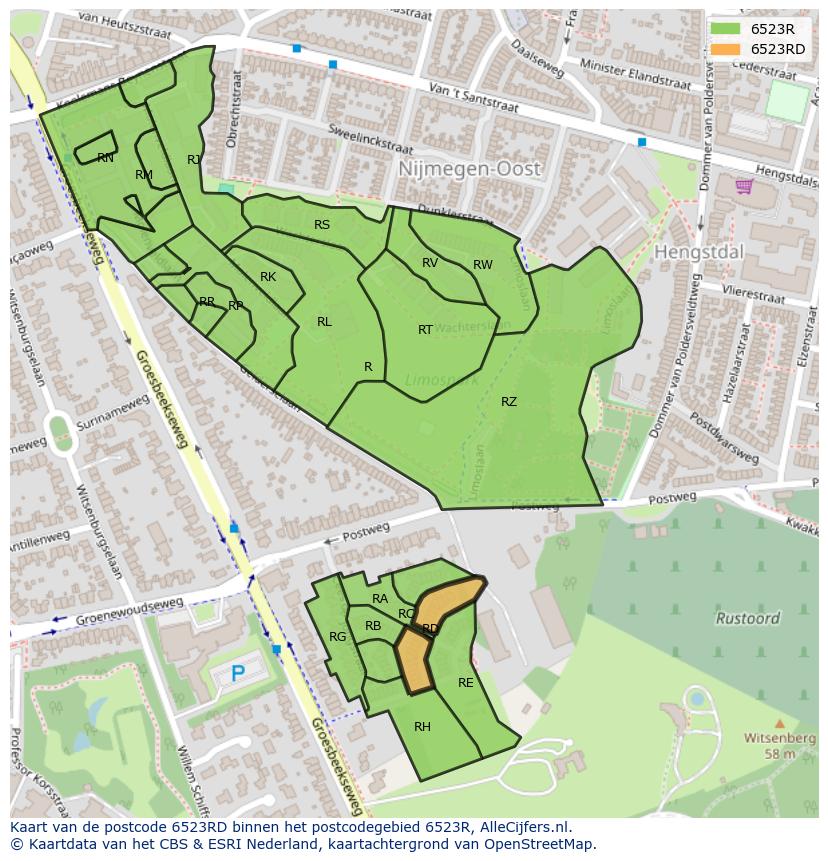 Afbeelding van het postcodegebied 6523 RD op de kaart.