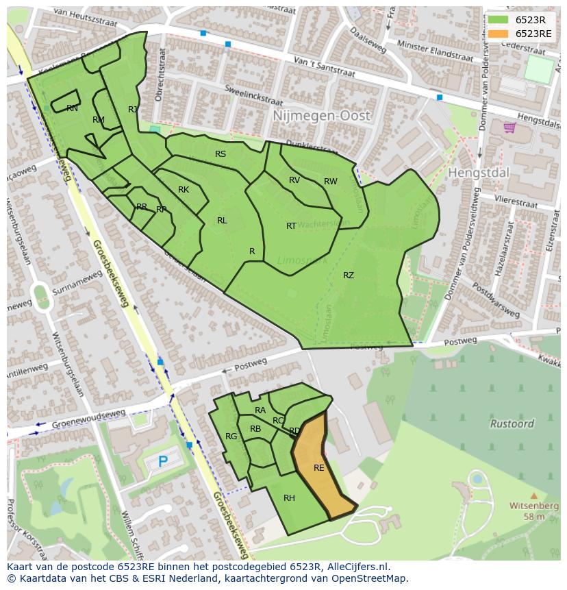 Afbeelding van het postcodegebied 6523 RE op de kaart.