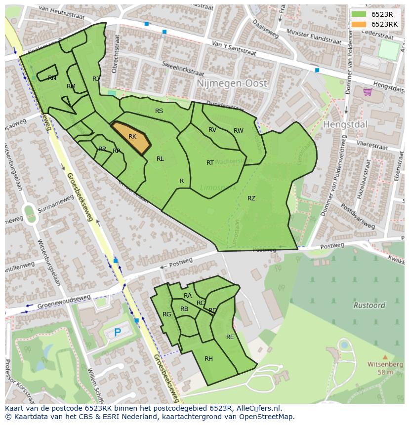 Afbeelding van het postcodegebied 6523 RK op de kaart.