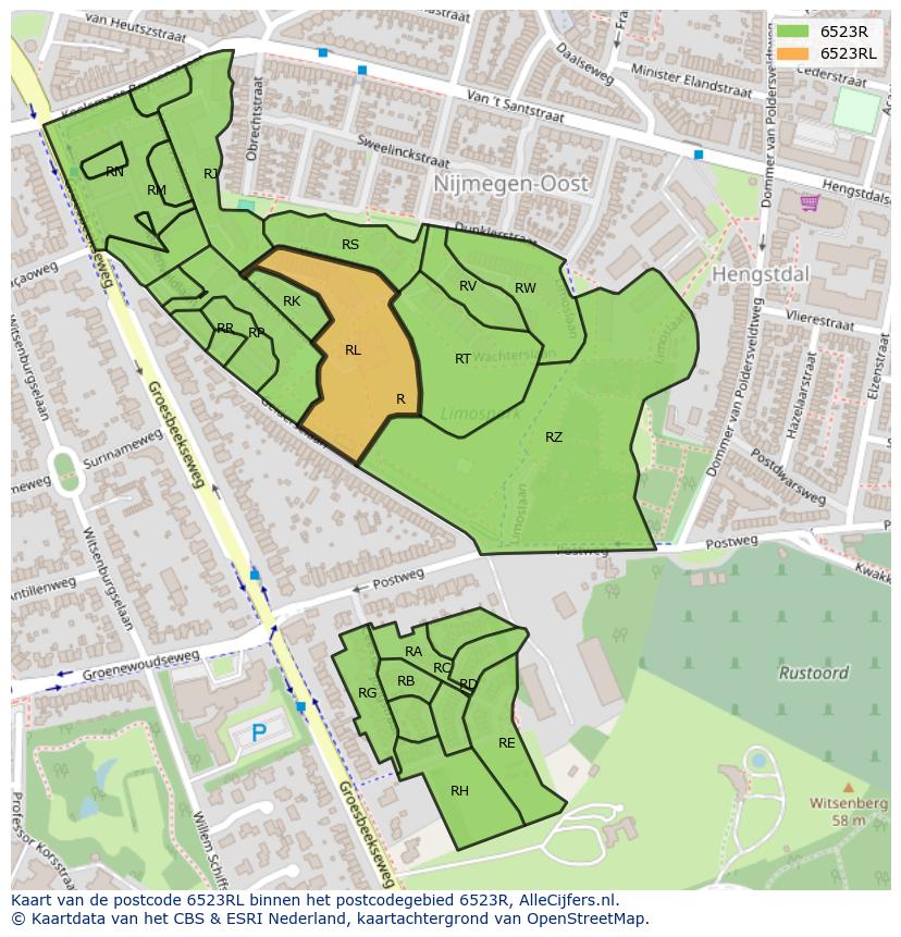 Afbeelding van het postcodegebied 6523 RL op de kaart.