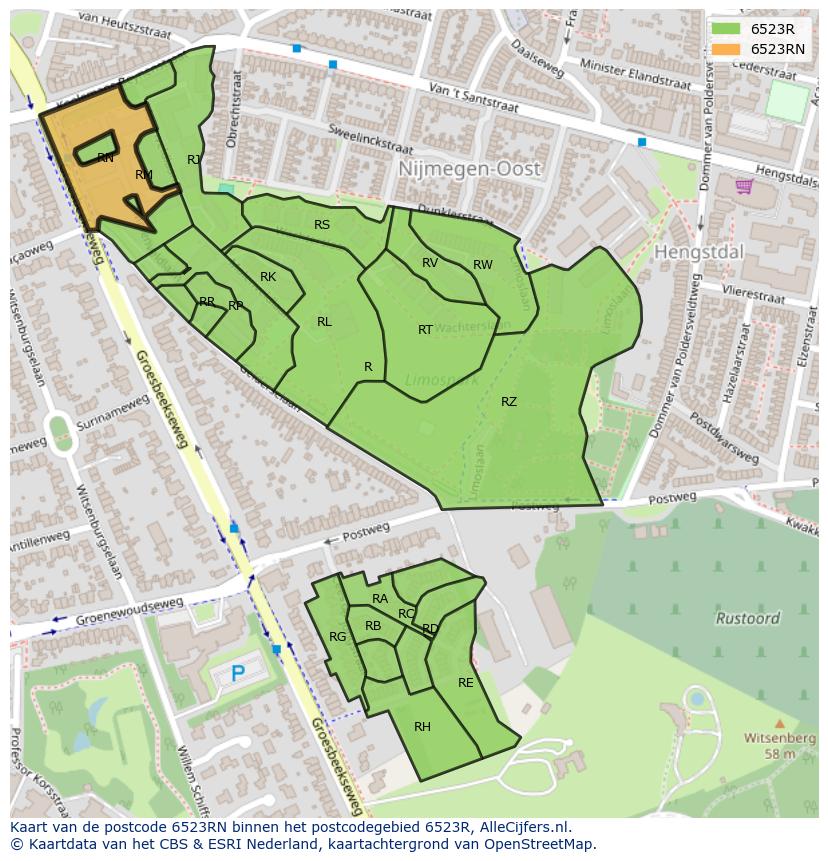 Afbeelding van het postcodegebied 6523 RN op de kaart.