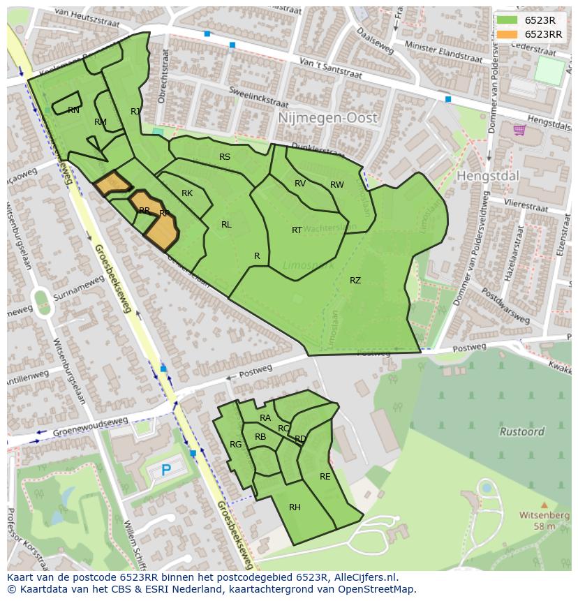 Afbeelding van het postcodegebied 6523 RR op de kaart.