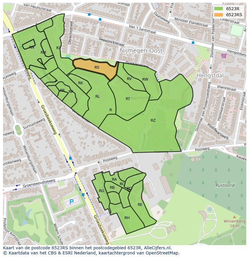 Afbeelding van het postcodegebied 6523 RS op de kaart.