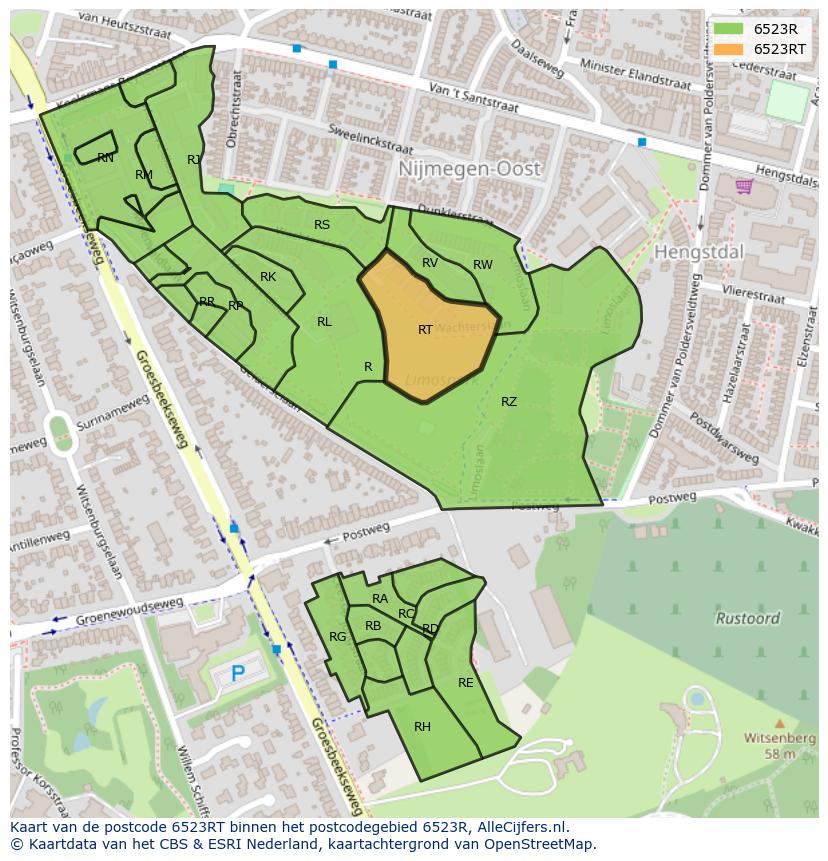 Afbeelding van het postcodegebied 6523 RT op de kaart.