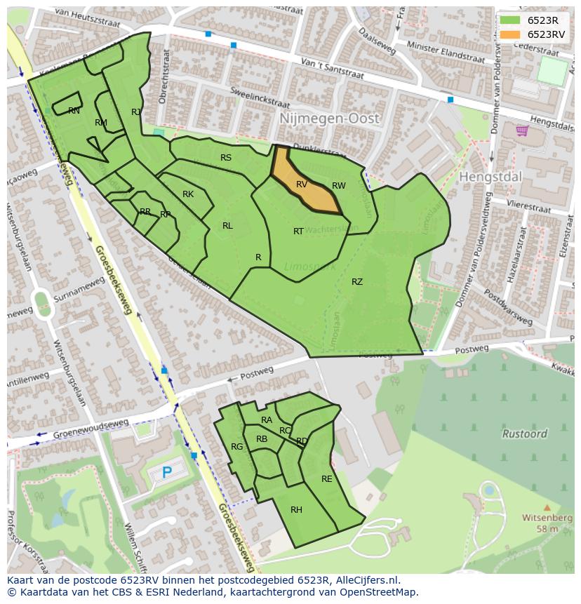 Afbeelding van het postcodegebied 6523 RV op de kaart.