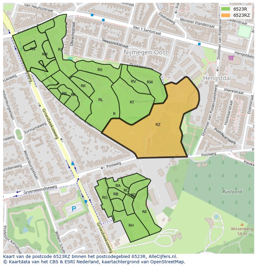 Afbeelding van het postcodegebied 6523 RZ op de kaart.