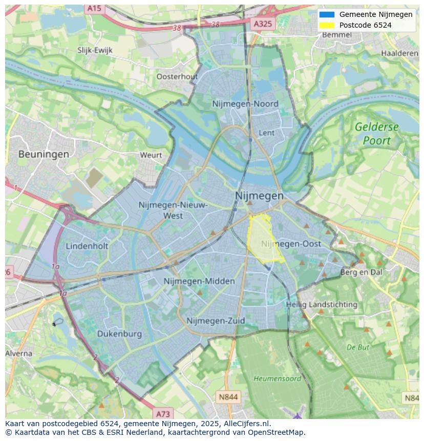 Afbeelding van het postcodegebied 6524 op de kaart.