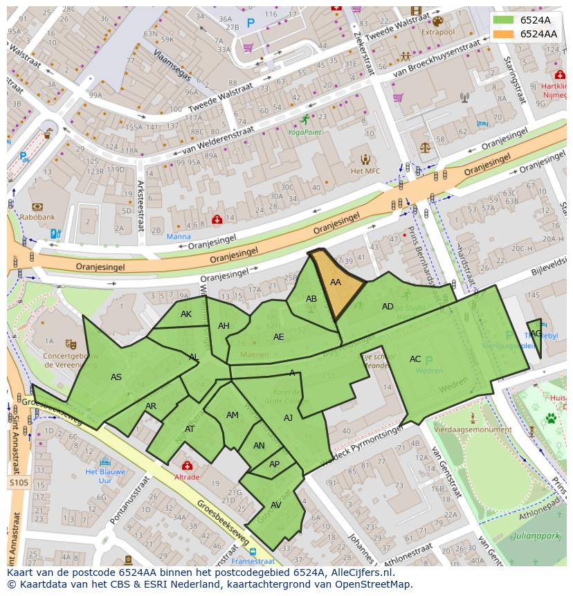 Afbeelding van het postcodegebied 6524 AA op de kaart.