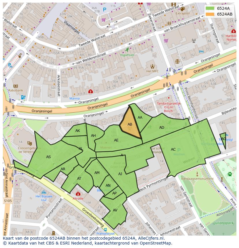 Afbeelding van het postcodegebied 6524 AB op de kaart.