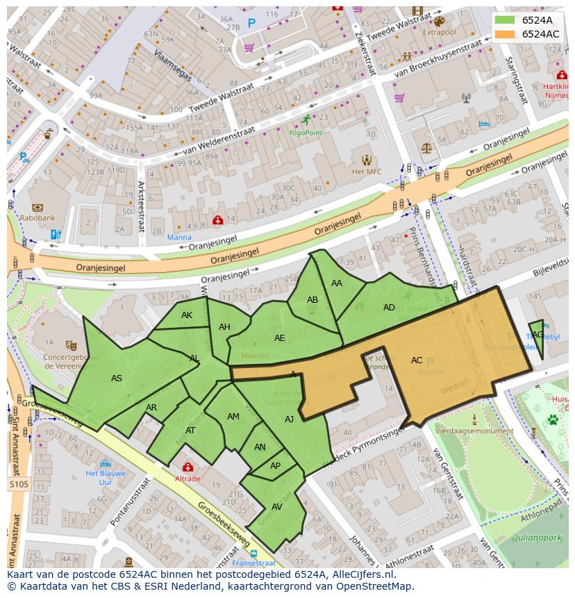 Afbeelding van het postcodegebied 6524 AC op de kaart.