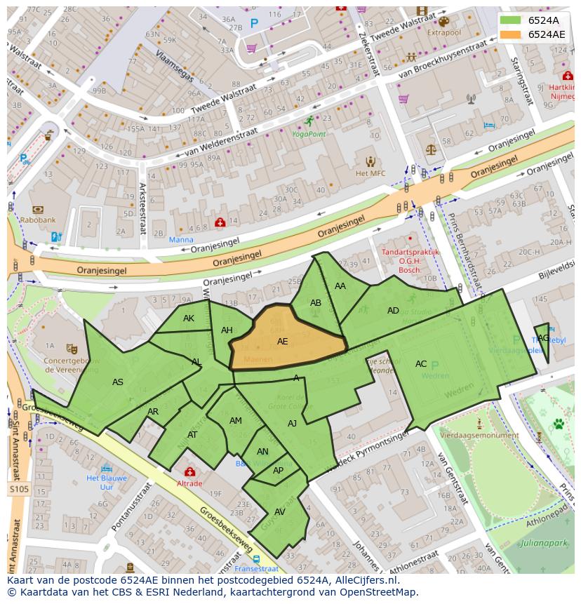 Afbeelding van het postcodegebied 6524 AE op de kaart.