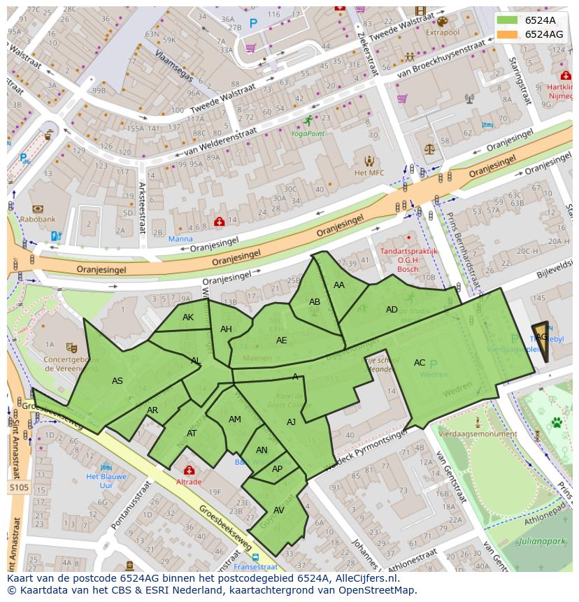 Afbeelding van het postcodegebied 6524 AG op de kaart.