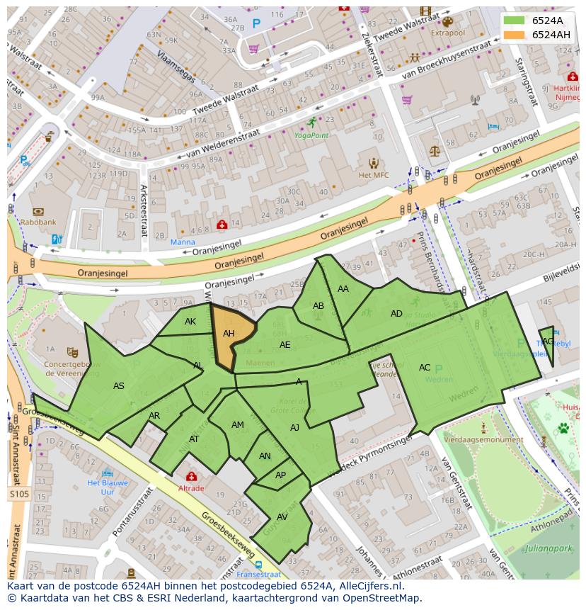 Afbeelding van het postcodegebied 6524 AH op de kaart.