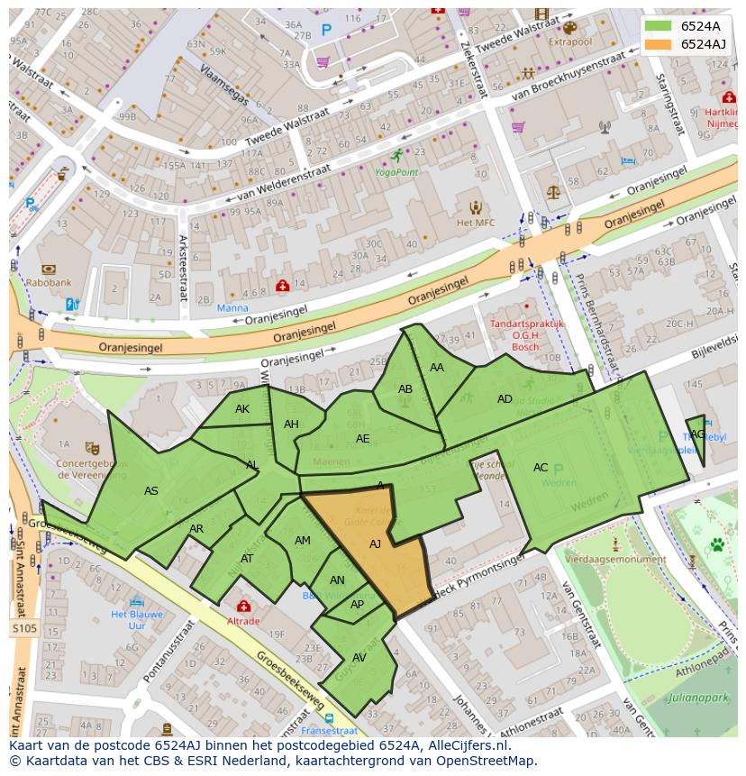 Afbeelding van het postcodegebied 6524 AJ op de kaart.