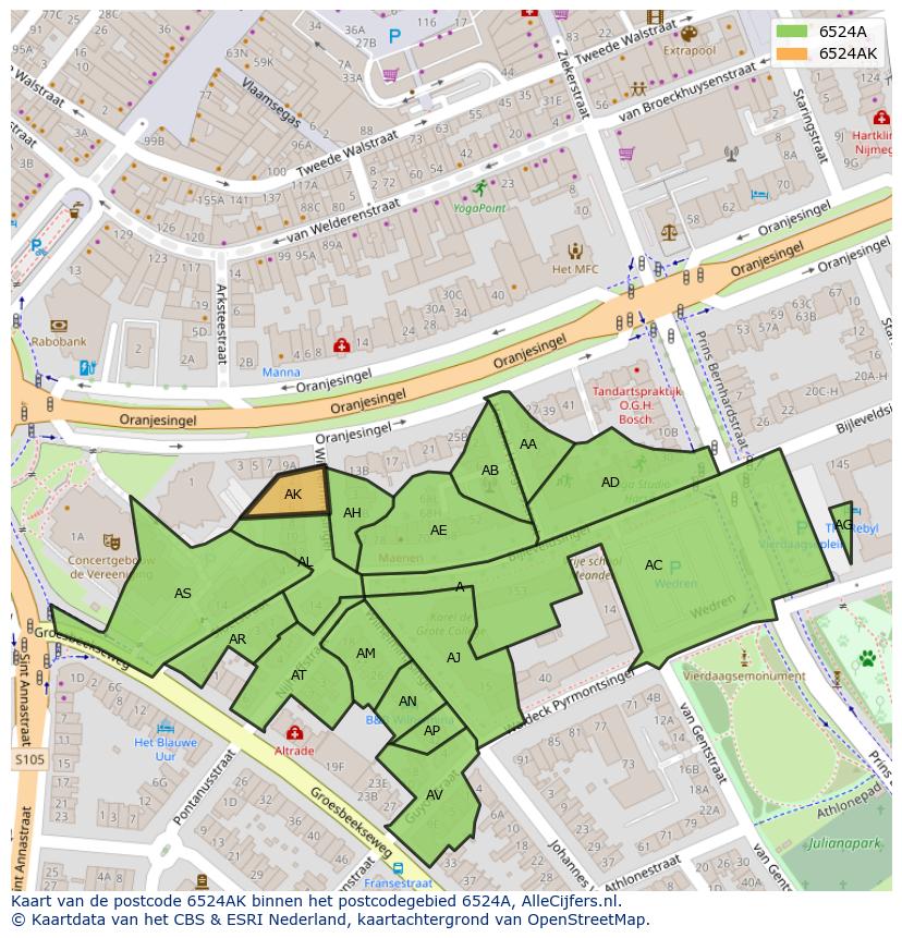 Afbeelding van het postcodegebied 6524 AK op de kaart.