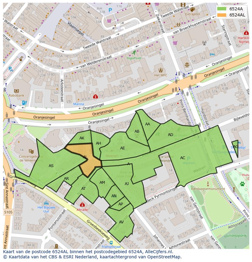 Afbeelding van het postcodegebied 6524 AL op de kaart.