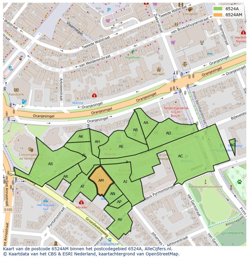 Afbeelding van het postcodegebied 6524 AM op de kaart.