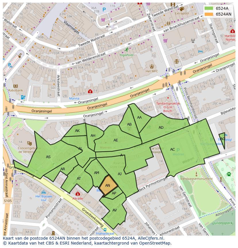 Afbeelding van het postcodegebied 6524 AN op de kaart.