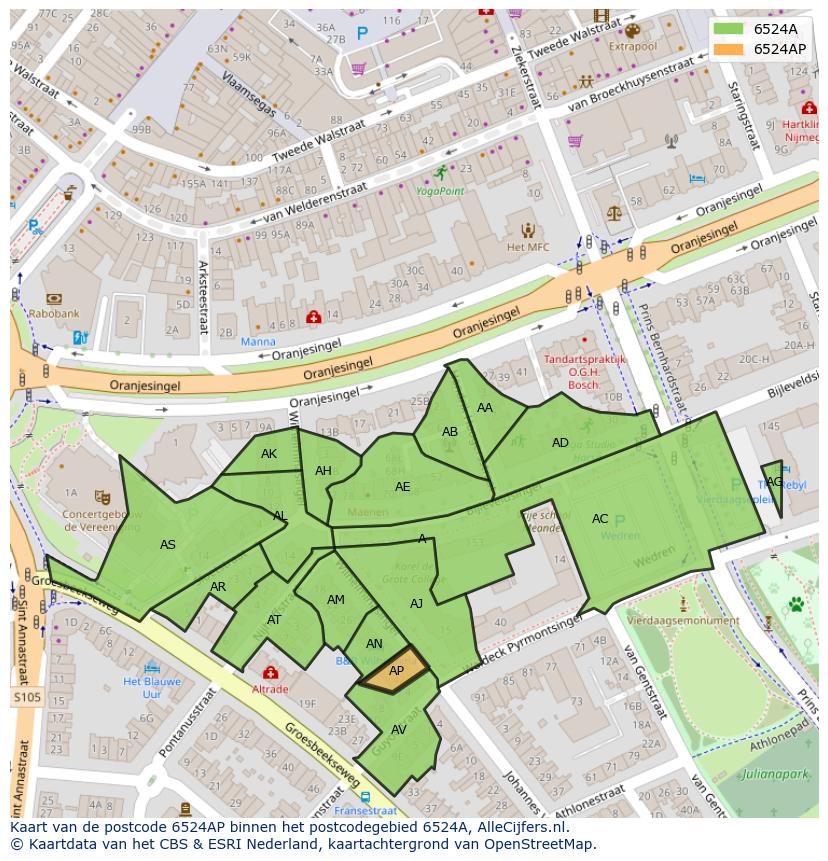 Afbeelding van het postcodegebied 6524 AP op de kaart.