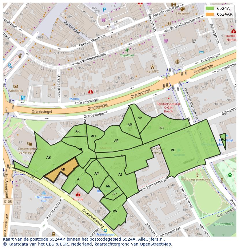Afbeelding van het postcodegebied 6524 AR op de kaart.