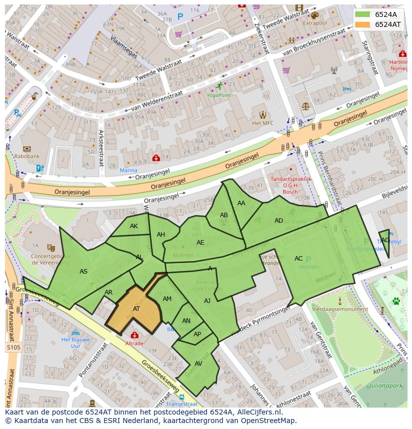 Afbeelding van het postcodegebied 6524 AT op de kaart.