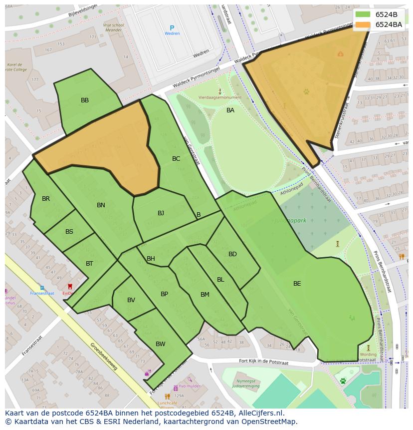 Afbeelding van het postcodegebied 6524 BA op de kaart.