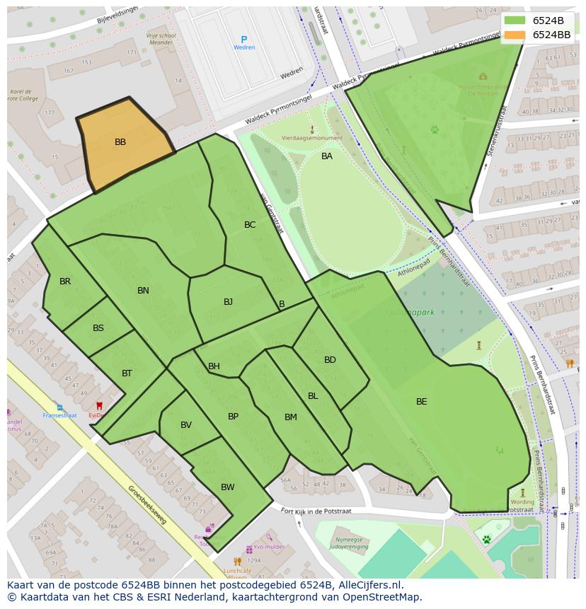 Afbeelding van het postcodegebied 6524 BB op de kaart.