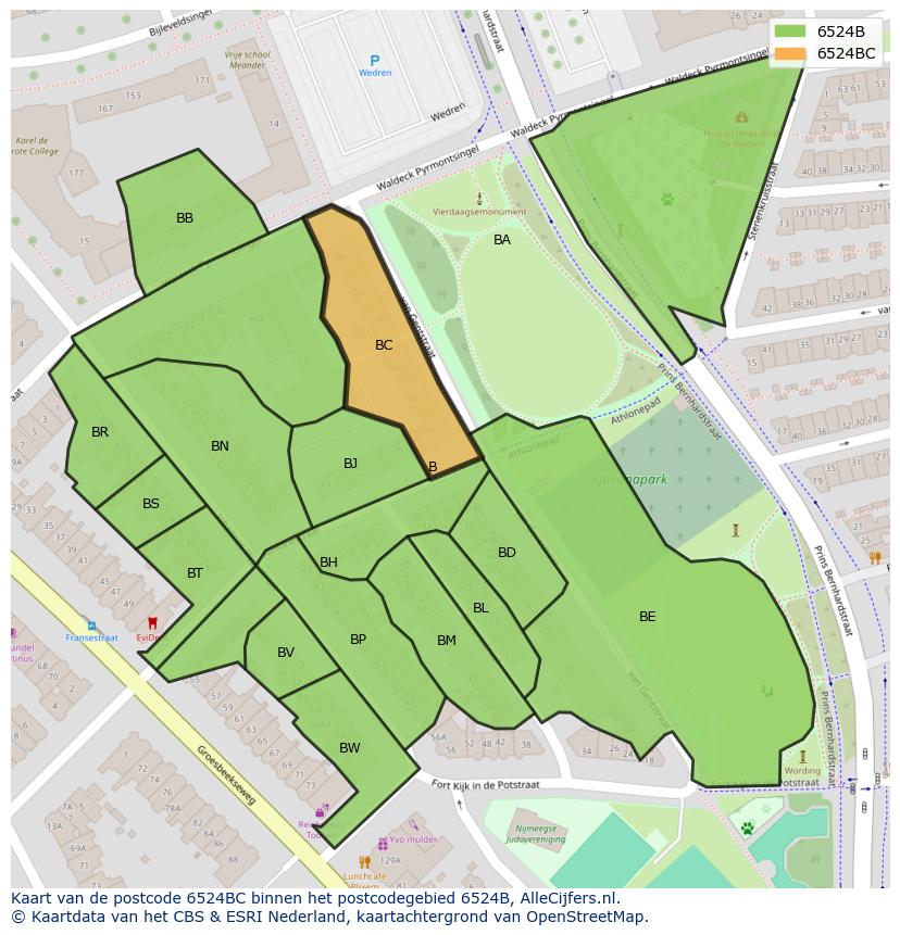 Afbeelding van het postcodegebied 6524 BC op de kaart.