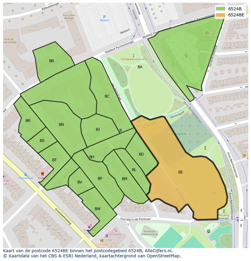 Afbeelding van het postcodegebied 6524 BE op de kaart.