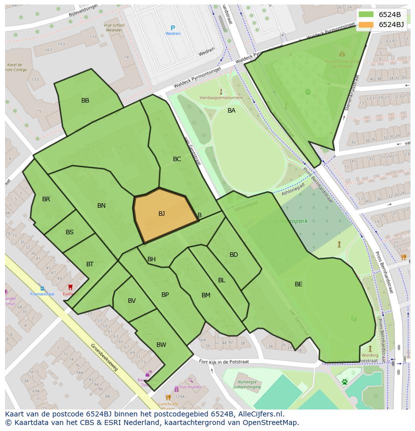 Afbeelding van het postcodegebied 6524 BJ op de kaart.