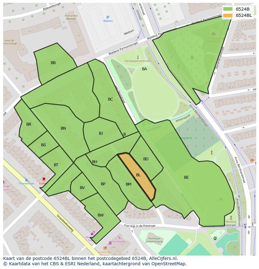 Afbeelding van het postcodegebied 6524 BL op de kaart.