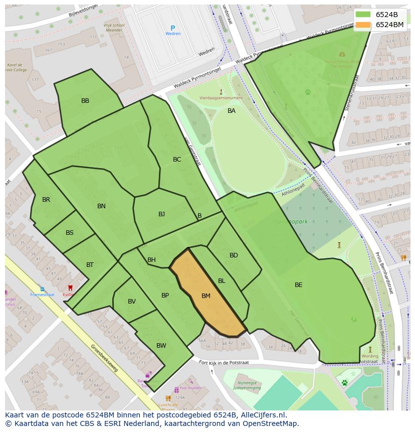 Afbeelding van het postcodegebied 6524 BM op de kaart.