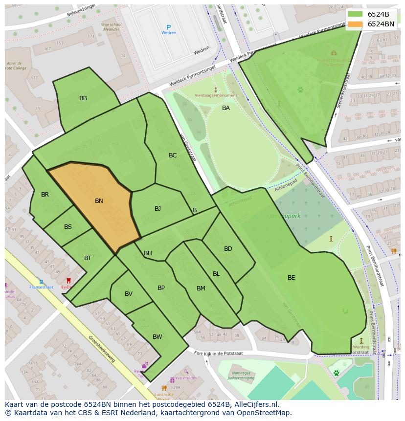 Afbeelding van het postcodegebied 6524 BN op de kaart.