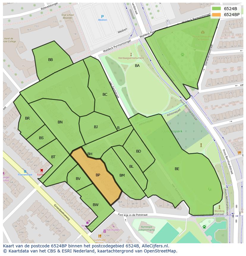 Afbeelding van het postcodegebied 6524 BP op de kaart.