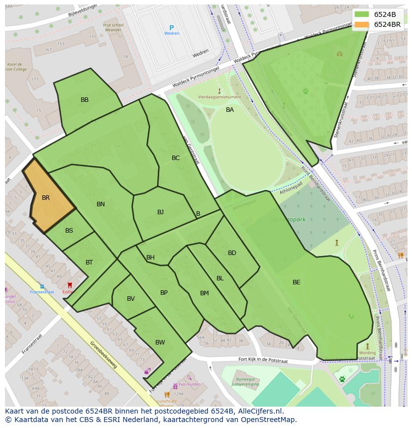 Afbeelding van het postcodegebied 6524 BR op de kaart.